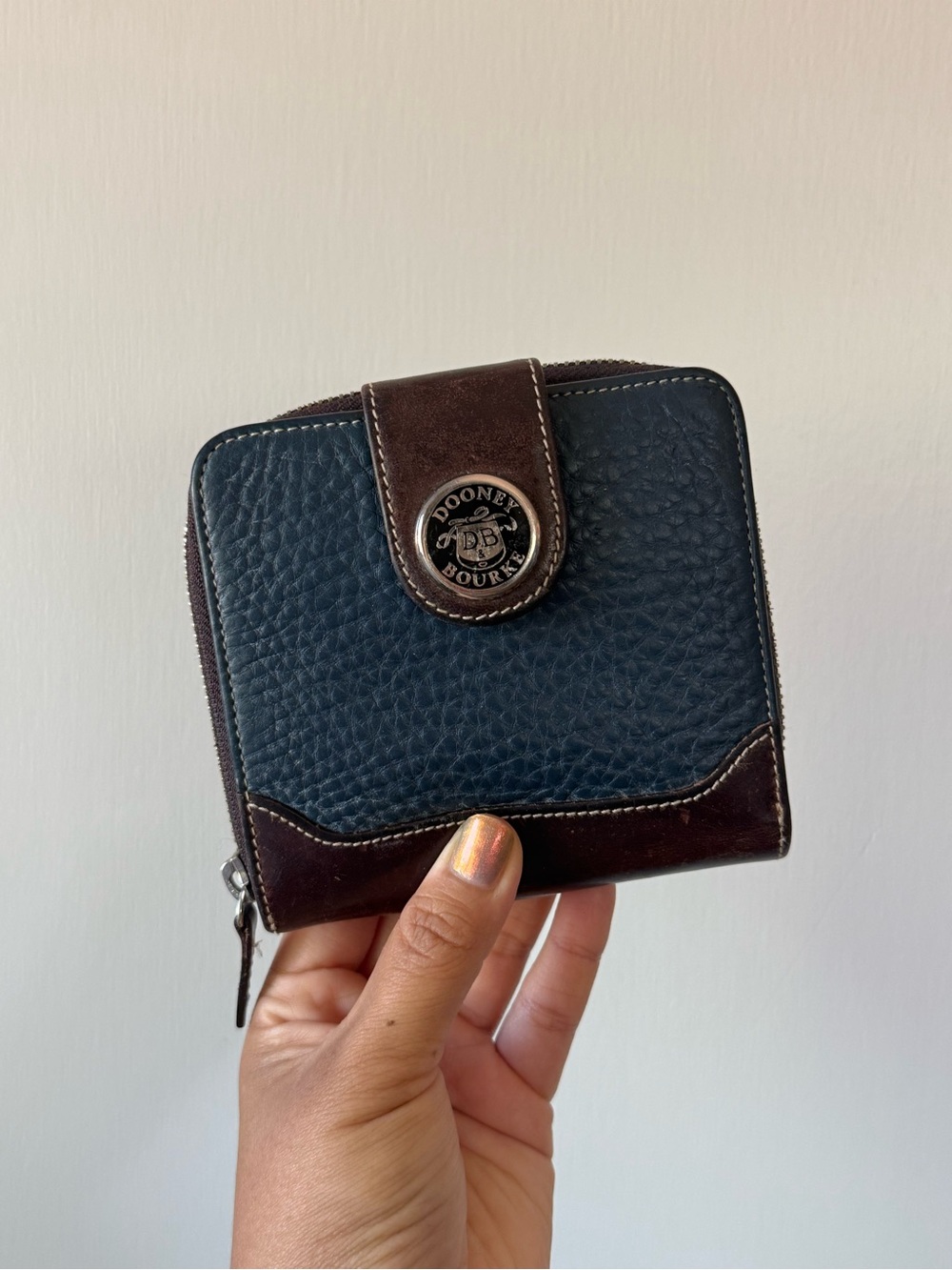 Dooney & Bourke Navy and Brown Pebbled Leather Zip Wallet